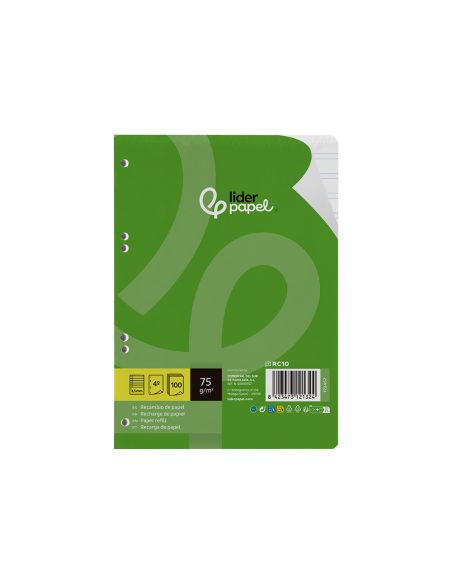 Recambio Liderpapel Din A5 100 Hojas 75 Gr Pauta 4 3.5Mm Con Margen 6 Taladros