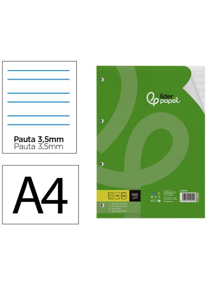Recambio Liderpapel A4 100 Hojas 100Gr Pauta 3,5Mm Con Margen 4 Taladros