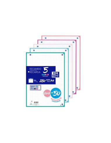 Recambio Oxford Din A4 200+50 Hojas Gratis Cuadro 5 Mm 4 Taladros Con Banda 5 Colores Pastel