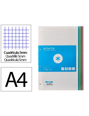 Recambio Antartik A4 80 Hojas 90Gr Cuadro 5 Mm 4 Taladros Bandas De 5 Colores Pasteles
