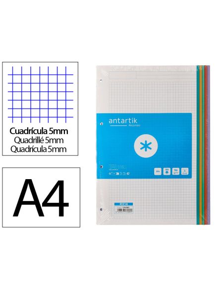 Recambio Antartik A4 80 Hojas 90Gr Cuadro 5 Mm 4 Taladros Bandas De 5 Colores Pasteles