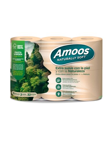 Papel Higienico Amoos Naturally Soft 2 Capas Pasta Cruda Paquete De 6 Rollos 32 M