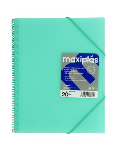 Carpeta 20 Fundas Espiral Maxiplás Pp Traslúcidos Con Sobre A4 Verde Agua