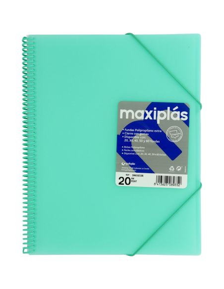 Carpeta 20 Fundas Espiral Maxiplás Pp Traslúcidos Con Sobre A4 Verde Agua
