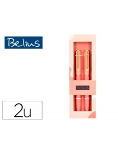 Boligrafo Belius Bari Set Con 2 Boligrafos Color Rosa Punta 1 Mm Tinta Azul En Caja De Regalo