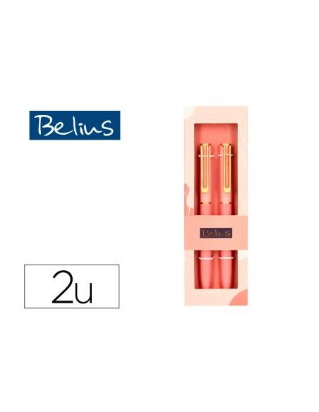 Boligrafo Belius Bari Set Con 2 Boligrafos Color Rosa Punta 1 Mm Tinta Azul En Caja De Regalo