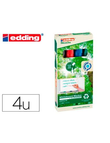 Rotulador Edding 28 Para Pizarra Blanca Ecoline 90% Reciclado Bolsa 4 Colores Surtidos Punta Redonda 1,5-3