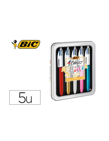 Boligrafo Bic Cuatro Colores Shine Box Caja Metalica 5 Unidades Surtidas