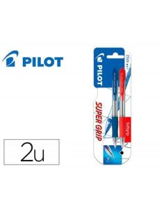 Boligrafo Pilot Super Grip Retractil Sujecion De Caucho Tinta Base De Aceite En Blister 1 Azul + 1 Rojo