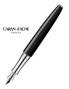 Pluma Caran D'Ache Leman Ebony Laca China Negra Adornos Plateados Rodiados Plumin Oro 18K Rodiado Con