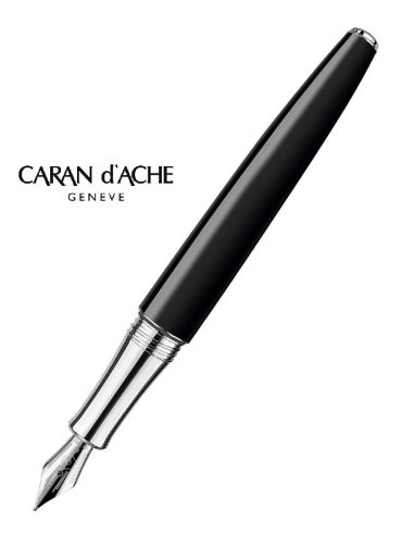 Pluma Caran D'Ache Leman Ebony Laca China Negra Adornos Plateados Rodiados Plumin Oro 18K Rodiado Con