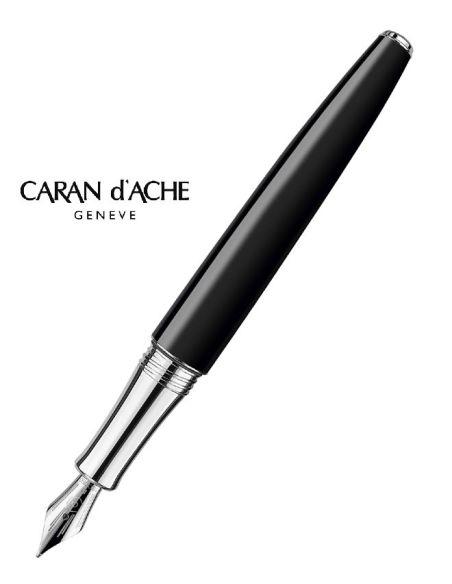 Pluma Caran D'Ache Leman Ebony Laca China Negra Adornos Plateados Rodiados Plumin Oro 18K Rodiado Con
