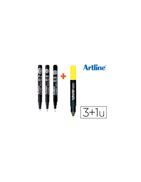 Rotulador Artline Comic Pen Calibrado Micrometrico Negro Bolsa De 3 Uds 0,2 0,4 0,8 + Fluorescente 660
