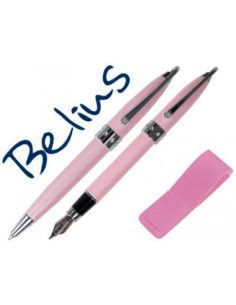Juego De Boligrafo Y Pluma Belius Brena Rosa Lacado Con Cristal En La Anilla Central En Estuche