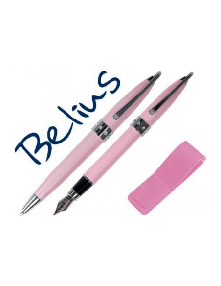 Juego De Boligrafo Y Pluma Belius Brena Rosa Lacado Con Cristal En La Anilla Central En Estuche
