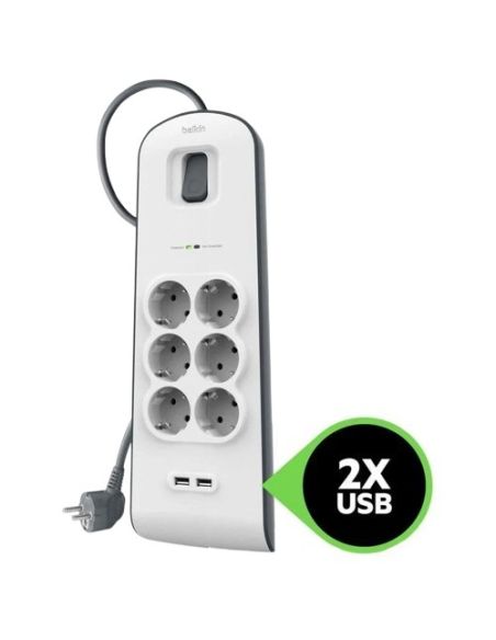 Regleta Belkin Bsv604Vf2M De Proteccion Contra Sobretensiones 6 Tomas + 2 Puertos Usb (2,4 A) Boton De