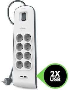 Regleta Belkin Bsv804Vf2M De Proteccion Contra Sobretensiones 8 Tomas + 2 Puertos Usb (2,4 A) Boton De