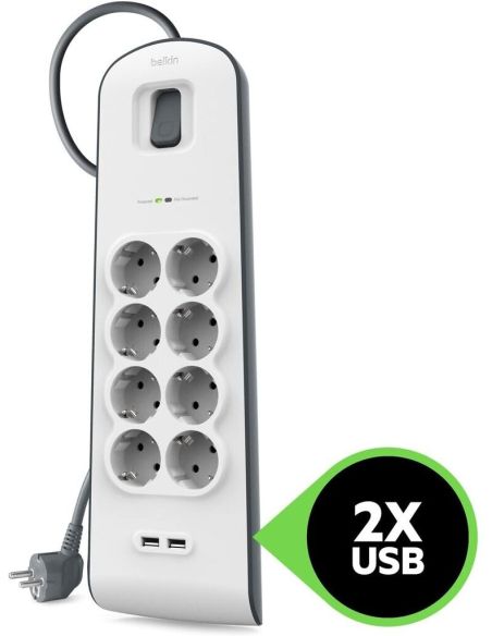 Regleta Belkin Bsv804Vf2M De Proteccion Contra Sobretensiones 8 Tomas + 2 Puertos Usb (2,4 A) Boton De