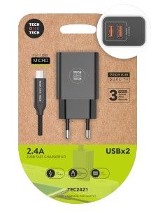 Cargador Tech One Tech 2.4 Doble Usb + Cable Braided Nylon Micro Usb Android Longitud 1 Mt Color Negro