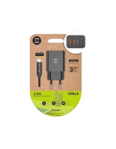 Cargador Tech One Tech 2.4 Doble Usb + Cable Braided Nylon Micro Usb Android Longitud 1 Mt Color Negro