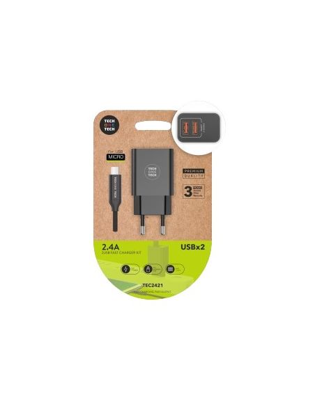Cargador Tech One Tech 2.4 Doble Usb + Cable Braided Nylon Micro Usb Android Longitud 1 Mt Color Negro