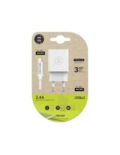 Cargador Tech One Tech 2.4 Doble Usb + Cable Braided Nylon Micro Usb Android Longitud 1 Mt Color Blanco