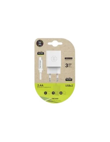 Cargador Tech One Tech 2.4 Doble Usb + Cable Braided Nylon Micro Usb Android Longitud 1 Mt Color Blanco