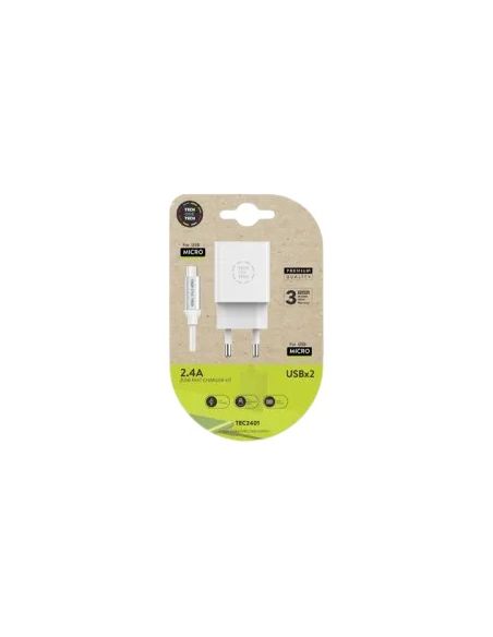Cargador Tech One Tech 2.4 Doble Usb + Cable Braided Nylon Micro Usb Android Longitud 1 Mt Color Blanco