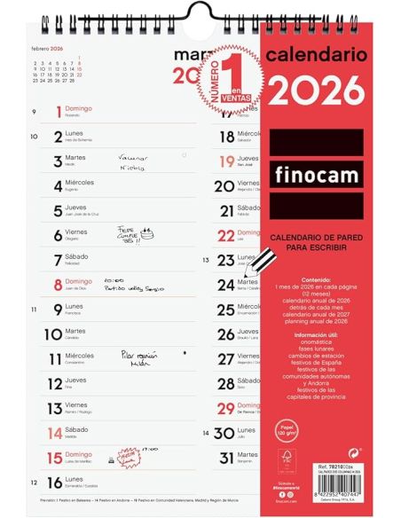 Calendario Pared Finocam Dos Columnas M 2026