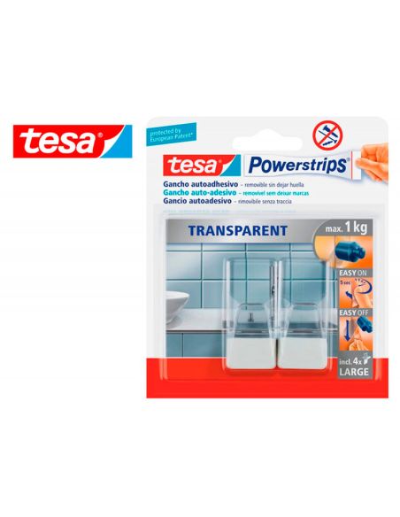 Gancho Autoadhesivo Tesa Powerstrips Grande Transparente/Acero + Tiras Sujecion Hasta 1 Kg