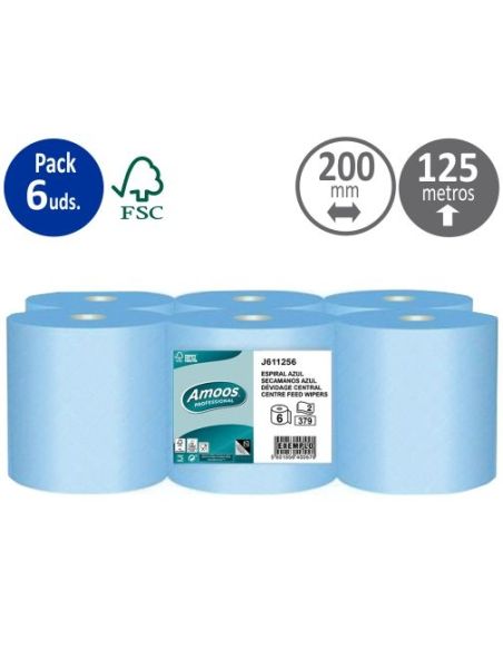 Papel Secamanos Amoos 2 Capas Professional 200 Mm X 125 Mt Color Azul Paquete De 6 Rollos