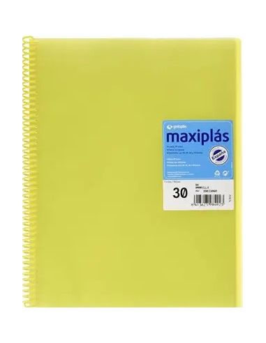Carpeta 30 Fundas Espiral Maxiplás Pp Traslúcidos Con Sobre A4 Amarillo
