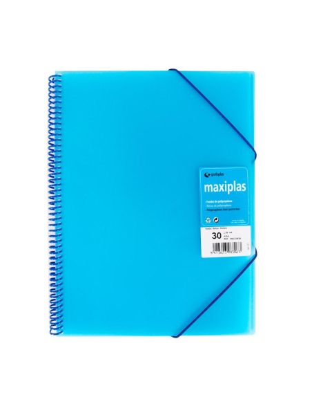 Carpeta 30 Fundas Espiral Maxiplás Pp Traslúcidos Con Sobre A4 Azul