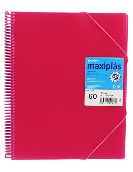Carpeta 60 Fundas Espiral Maxiplás Pp Traslúcidos Con Sobre A4 Fucsia