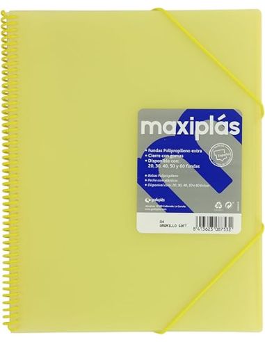 Carpeta 60 Fundas Espiral Maxiplás Pp Traslúcidos Con Sobre A4 Amarillo Soft