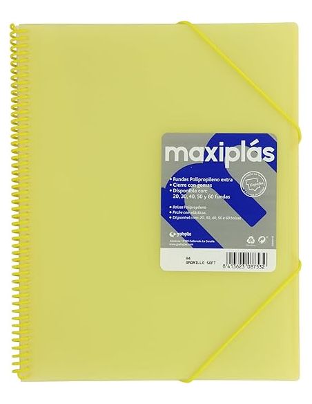 Carpeta 60 Fundas Espiral Maxiplás Pp Traslúcidos Con Sobre A4 Amarillo Soft