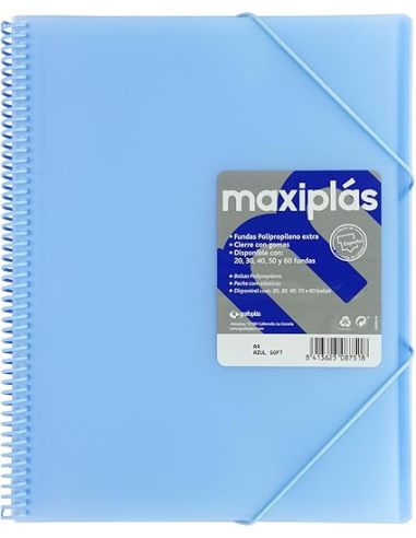 Carpeta 60 Fundas Espiral Maxiplás Pp Traslúcidos Con Sobre A4 Azul Soft