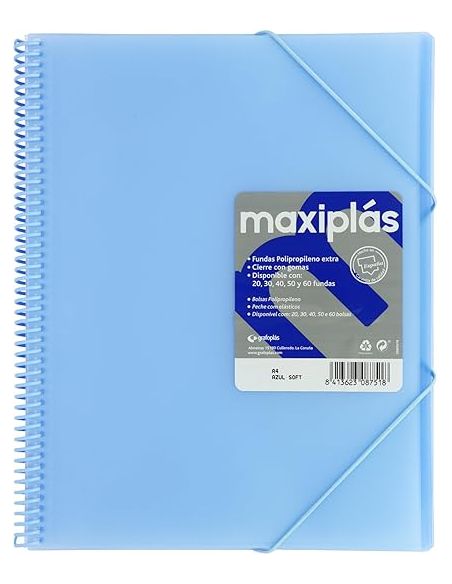 Carpeta 60 Fundas Espiral Maxiplás Pp Traslúcidos Con Sobre A4 Azul Soft