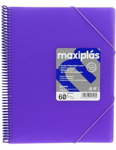 Carpeta 60 Fundas Espiral Maxiplás Pp Traslúcidos Con Sobre A4 Violeta