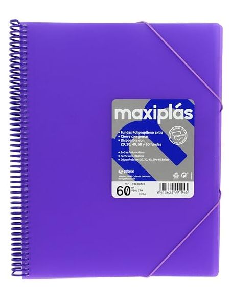 Carpeta 60 Fundas Espiral Maxiplás Pp Traslúcidos Con Sobre A4 Violeta