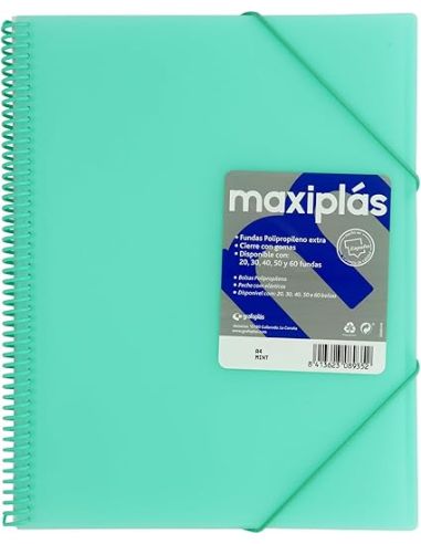 Carpeta 60 Fundas Espiral Maxiplás Pp Traslúcidos Con Sobre A4 Verde Agua