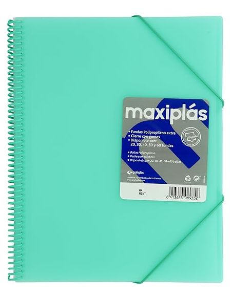 Carpeta 60 Fundas Espiral Maxiplás Pp Traslúcidos Con Sobre A4 Verde Agua