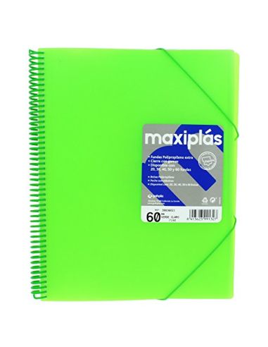 Carpeta 60 Fundas Espiral Maxiplás Pp Traslúcidos Con Sobre A4 Verde Claro