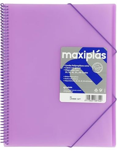 Carpeta 50 Fundas Espiral Maxiplás Pp Traslúcidos Con Sobre A4 Lavanda Soft