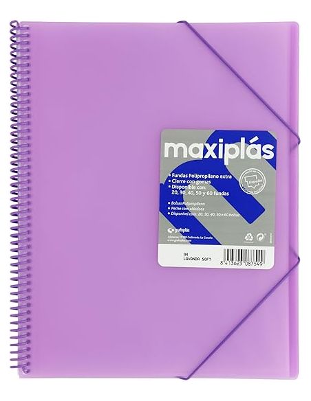 Carpeta 50 Fundas Espiral Maxiplás Pp Traslúcidos Con Sobre A4 Lavanda Soft