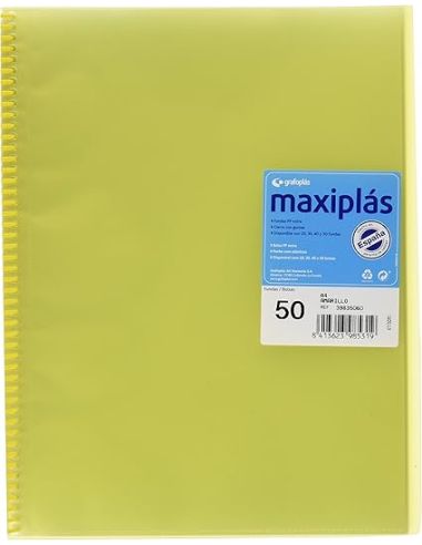 Carpeta 50 Fundas Espiral Maxiplás Pp Traslúcidos Con Sobre A4 Amarillo Soft