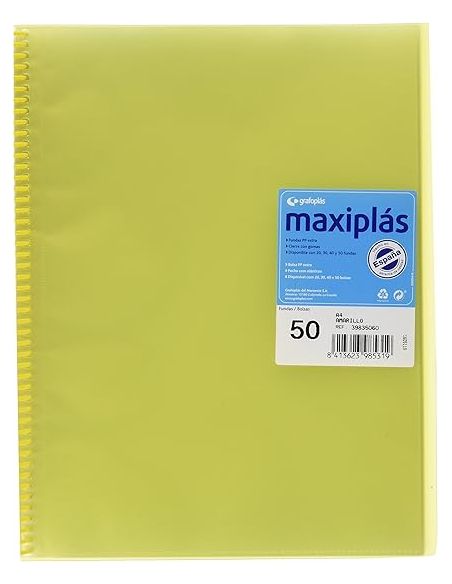Carpeta 50 Fundas Espiral Maxiplás Pp Traslúcidos Con Sobre A4 Amarillo Soft
