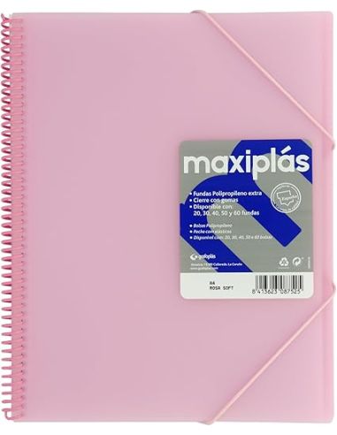 Carpeta 50 Fundas Espiral Maxiplás Pp Traslúcidos Con Sobre A4 Rosa Soft