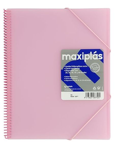 Carpeta 50 Fundas Espiral Maxiplás Pp Traslúcidos Con Sobre A4 Rosa Soft