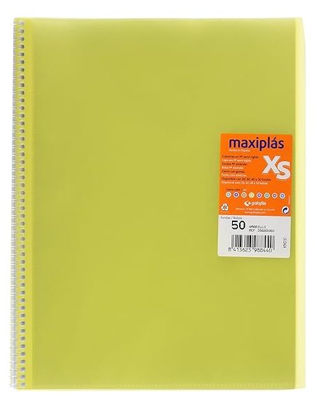 Carpeta 50 Fundas Espiral Maxiplás Pp Traslúcidos Con Sobre A4 Amarillo